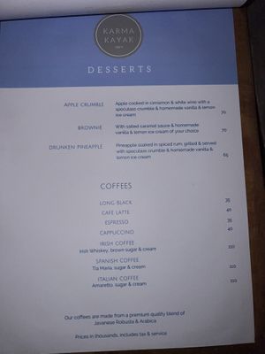 Menu April 2024 - no suitable vegan desserts sadly as crumble contained butter and ice cream constrained milk   at Karma Kayak in 