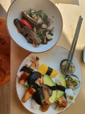 Selection of sushi and side of eggplant at Freeesh in Helsinki