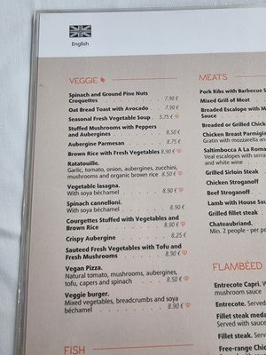 Menu at Capri in Lanzarote