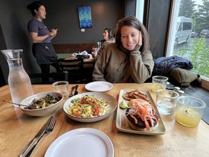 Brussel sprouts, chop salad and beet burger   at The Cookery Seward in Seward