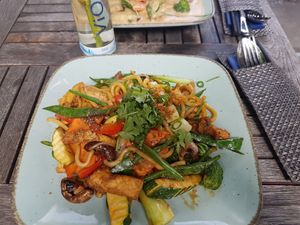 Wok Gemüse mit Udon Nudeln und Tofu at Weisser Schwan in Potsdam