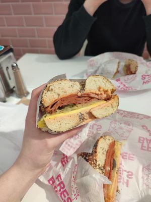 Baby Ru. pastrami, cheese, sauerkraut, pickles at KINGBABYBAGELS in Newcastle Upon Tyne