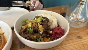 Jackfruit and shiitake - VERY salty   at Aurora Kusina in Shepton Mallet