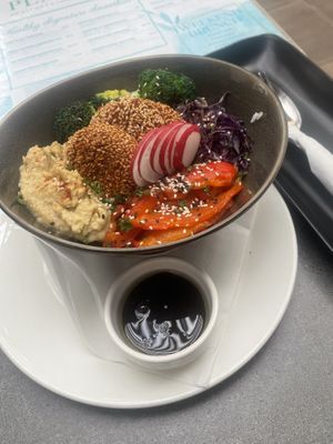 Falafel bowl with a base of white rice  at Planta in Phnom Penh