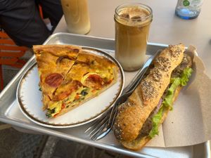 Quiche, iced coffee and vegan tuna sandwich   at Origin - Coffee Shop Végétal in Strasbourg