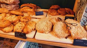 Pastries in the display, e.g. chocolate rolls at Origin - Coffee Shop Végétal in Strasbourg
