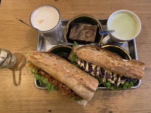 We ate two delicious baguettes that were very filling and a good brownie. The drinks are also delicious.   at Origin - Coffee Shop Végétal in Strasbourg