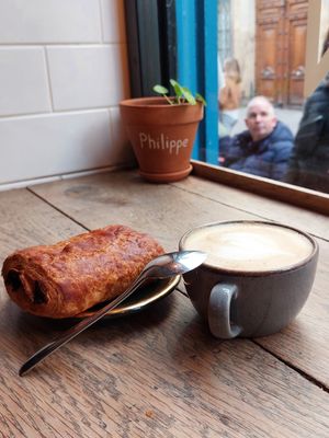 Pain au chocolat and coffee at Origin - Coffee Shop Végétal in Strasbourg