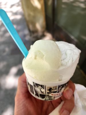 Cucumber sorbet and coconut ice cream. Vegan of course! at Mama Heladera in Barcelona