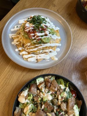 Cesar salad and amazing nachos starter dish  at Koko Green in Nice