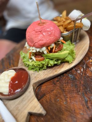 Green Burger - veggie patty, tomato, grilled egaplant, bellpepper, vegan mayo.  at Hellocapitano Lifestyle Café in 