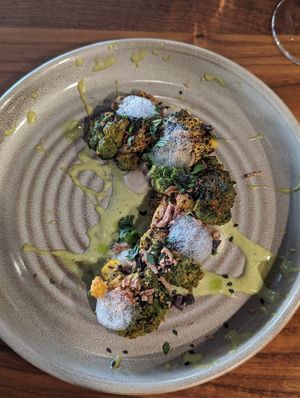 Smoked broccoli with miso and Hungarian smoked foam at Freya in Detroit
