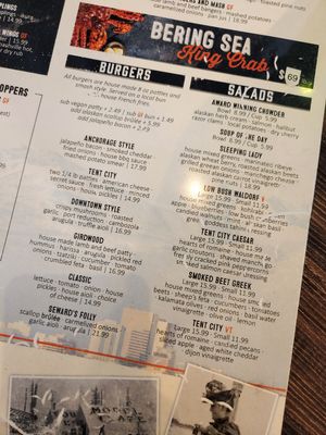 Burger & Salad Menu at Tent City Taphouse in Anchorage
