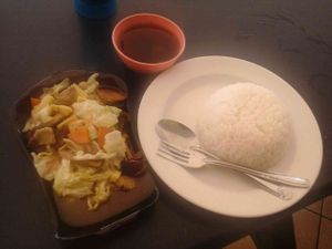 Mixed vegetables and rice, includes soup at Love Land Vegetarian in Bandar Baru Mukah