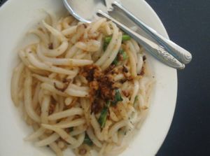 Mouse mee kolok: a rice noodle (said to be shaped like a mouse tail!), tossed in dressing at Love Land Vegetarian in Bandar Baru Mukah