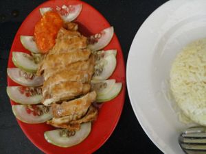 Vegetarian golden chicken rice: rice cooked in flavorful broth at Love Land Vegetarian in Bandar Baru Mukah