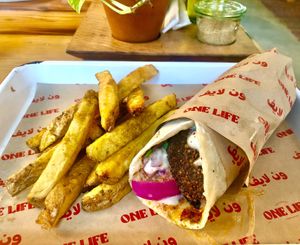 Falafel wrap and fries at One Life Kitchen and Café - D3 in Dubai