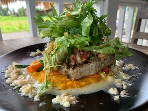 Tuna Steak with Pumpkin Puree at Good Stuff Cafe & Eco Store in Amed