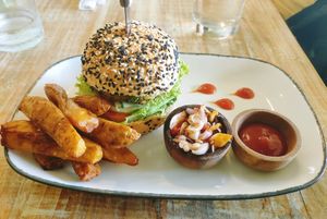 Falafel burger with extra sambal at Good Stuff Cafe & Eco Store in Amed