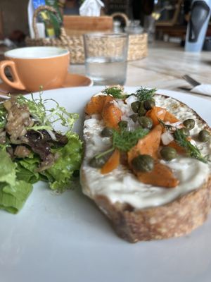 vegan Salmon & Matcha Latte   at Good Stuff Cafe & Eco Store in Amed