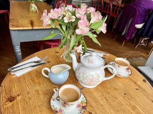 Tea with oat milk  at Annies Tea Room in Liverpool