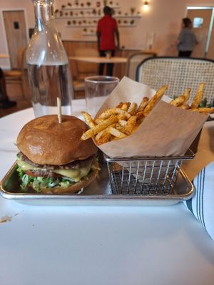 Burger and peri peri fries at Cultivate Plant-Based Eatery in Rahway