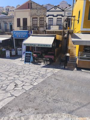 Outside at Dolphin Pizzas in Symi