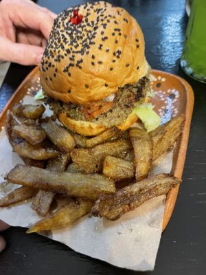 Lentil burger and fries   at Miss DELEITES in Cozumel
