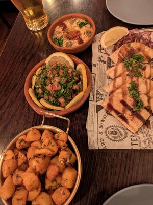 Hummus with sundried tomatoes, tabbouleh & Batata Harra at The Aft Galley in St Julians