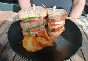 Vegan club sandwich with smoked tofu and 'vegan bacon' at Anne&Max in Groningen