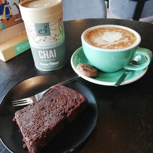 Double choco cake and their chai to take home at Anne&Max in Groningen