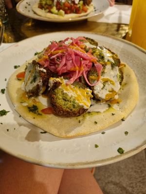 Falafal on flat bread with 3 sauces at Radio Sabich in Tenerife
