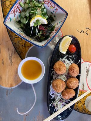 Vegan karaage and sunomono at Menya Kanemaru Golden Ramen in San Francisco