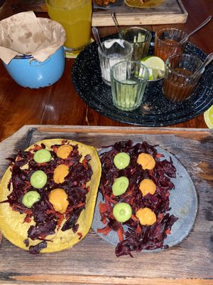 Vegan tacos & salsa variety (the white sauce isn’t vegan!)  at El Socio Naiz Taquería in Cancun