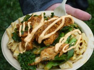 Bowl: Mac&Cheese, greens, BarBQ chicken with cheese sauce at Oakland VegFest 2016 at Southern Fried Vegan BBQ in Los Angeles