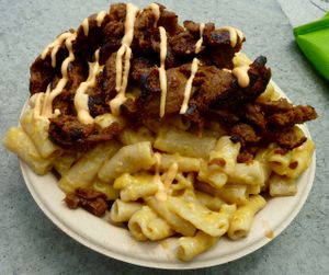 Mac & Cheese bowl, with BarBQ beef & cheese sauce at Southern Fried Vegan BBQ in Los Angeles
