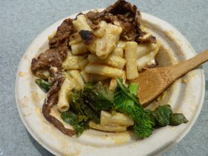 Mac and cheese bowl with greens, BarBQ beef, cheese sauce at Southern Fried Vegan BBQ in Los Angeles