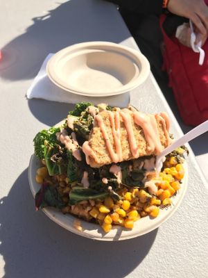 Fried Chicken Bowl with Jambalaya, 1/2 greens & 1/2 corn - PHX Vegan Fest; Feb 2017 at Southern Fried Vegan BBQ in Los Angeles