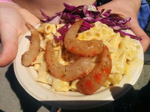 Bowl of vegan shrimp, mac & cheese, red cabbage/salad at Southern Fried Vegan BBQ in Los Angeles
