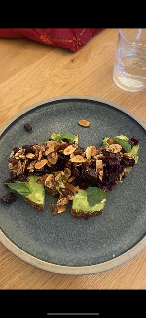 Beet compote on avocado toast with hazelnuts and shaved almonds- usually a winter seasonal option- so good  at Nemesis in North Vancouver