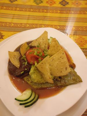 Nopales stuffed with mushrooms and various vegetables,  guacamole and frijolles cream. Ask for it without cheese at 2012 Espacios Mayas y Algo Mas in Merida