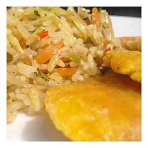 Thai rice with patacones (fried plantain) at Vegarden in Medellin