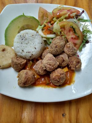 Fried soy nuggets tiny arepa white rice with mustard seeds and a salad at Vegarden in Medellin