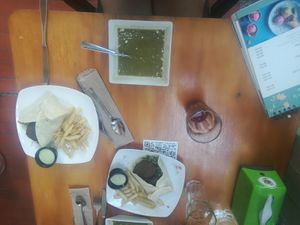 Menu of the day including a soup, a wrap with falafels, a drink and a small dessert (19.500 COP) at Vegarden in Medellin