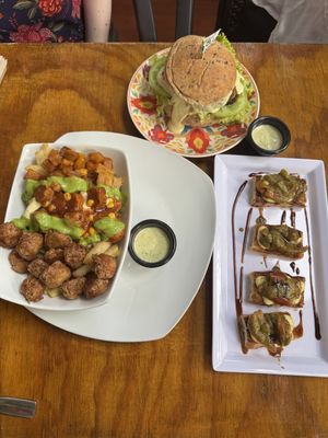 Portobello burger, bruschetta, and papas paisas  at Vegarden in Medellin