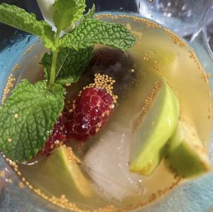 Sangria white 1L for 8€ with fruit and mint from own farm, cinemon stick and spark of Mouscatel de Setúbal + ice  at Veganicelos in Setubal