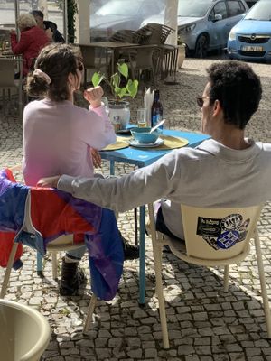 Sitting outside on sun with your non alco beer(0’5l/2,5€) and soup of the day(2€)  at Veganicelos in Setubal