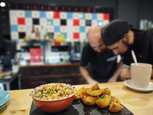 Chickpeas salad in gluten free version with potatos instead bread.   at Veganicelos in Setubal