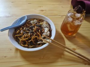 Udon noodles with nutmeg juice at Neko Vegan House in Penang