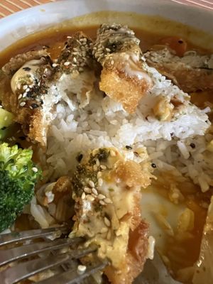 Curry rice—1 fried seaweed tofu and 1 fried mushroom! 8.5/10  at Neko Vegan House in Penang